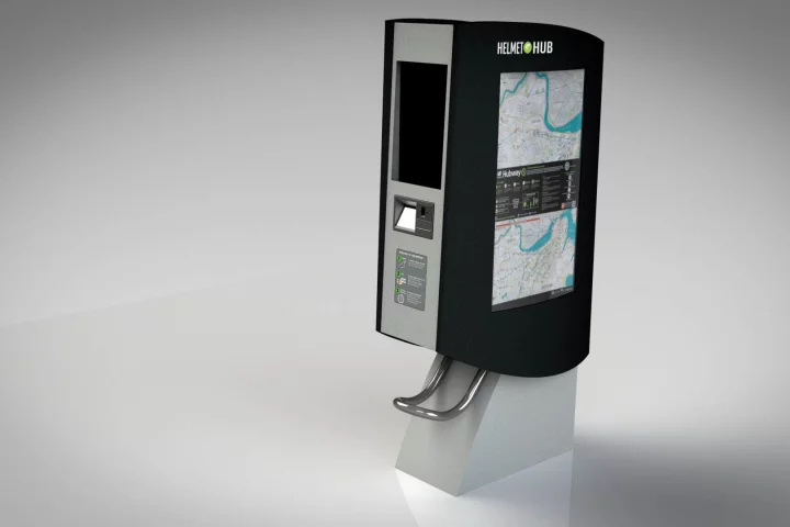 The HelmetHub dispenses and receives bike helmets