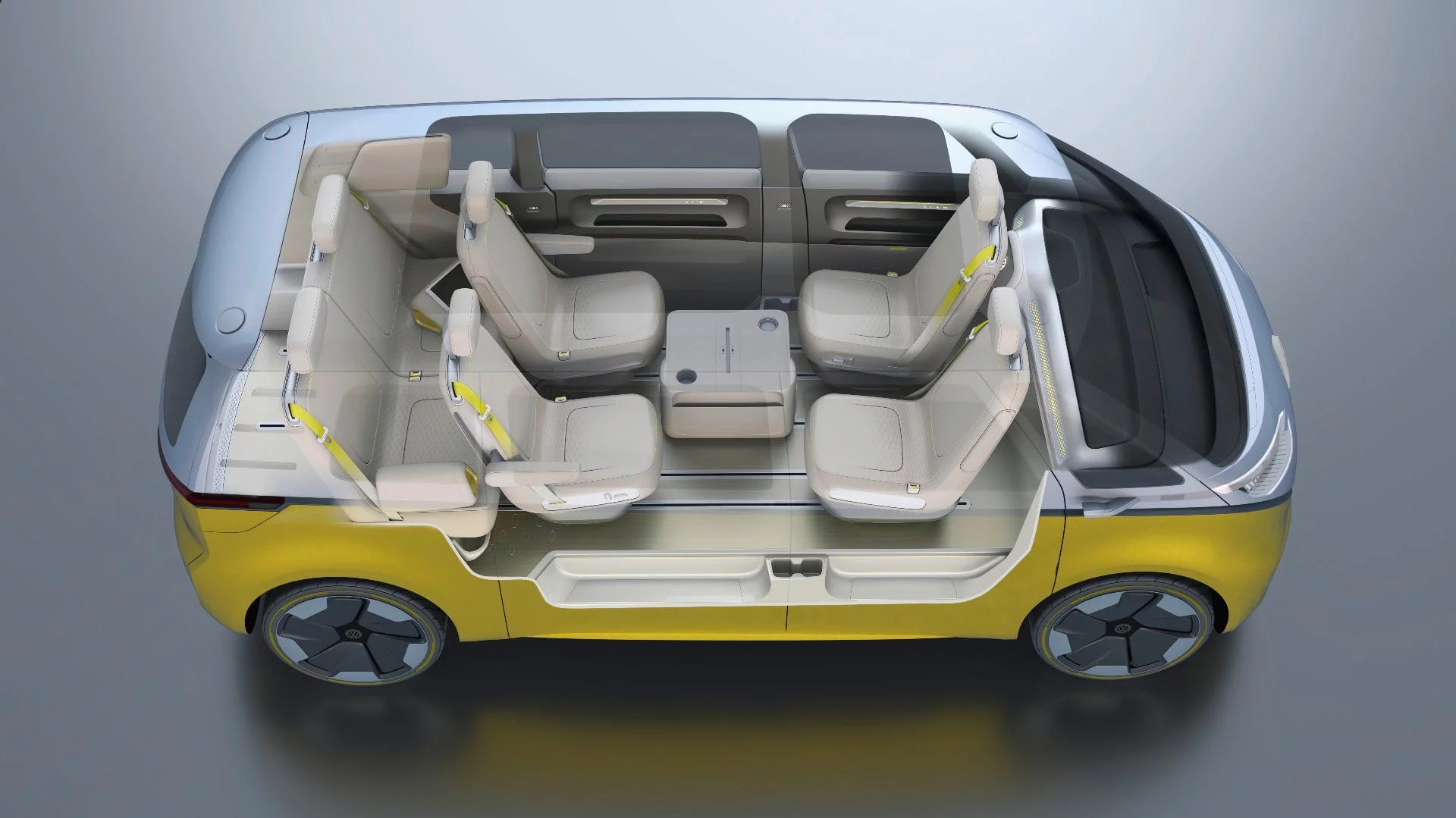 The I.D. Buzz features a flexible interior made possible by the under-floor battery