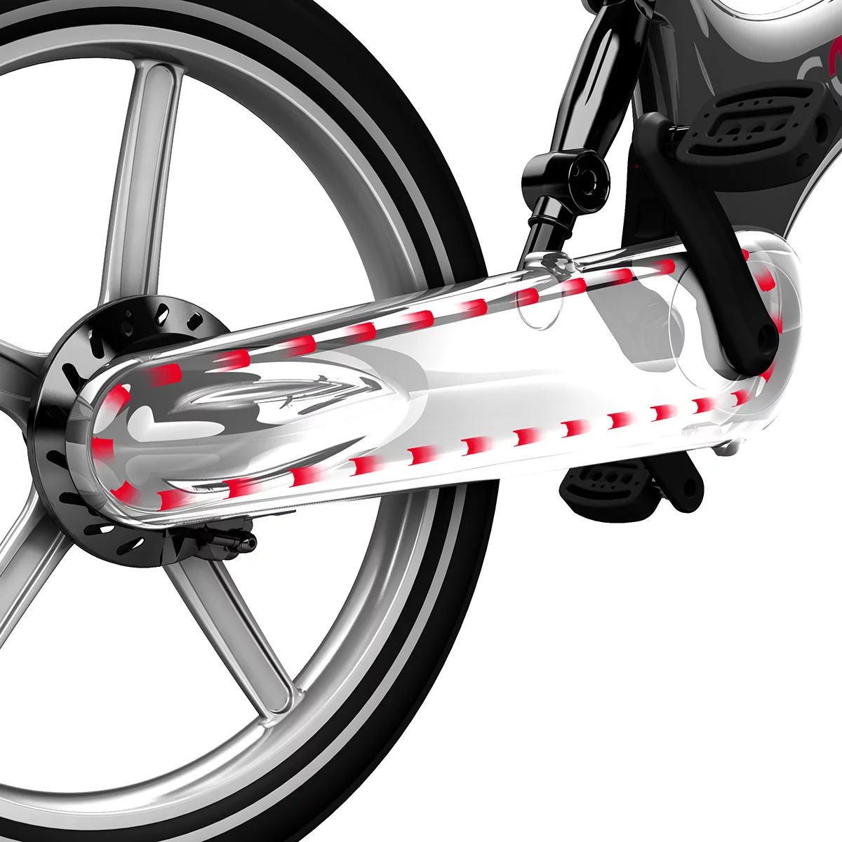 The fully-enclosed, lubricated and self-tensioning chain drive helps keep clothes gunk and grease free