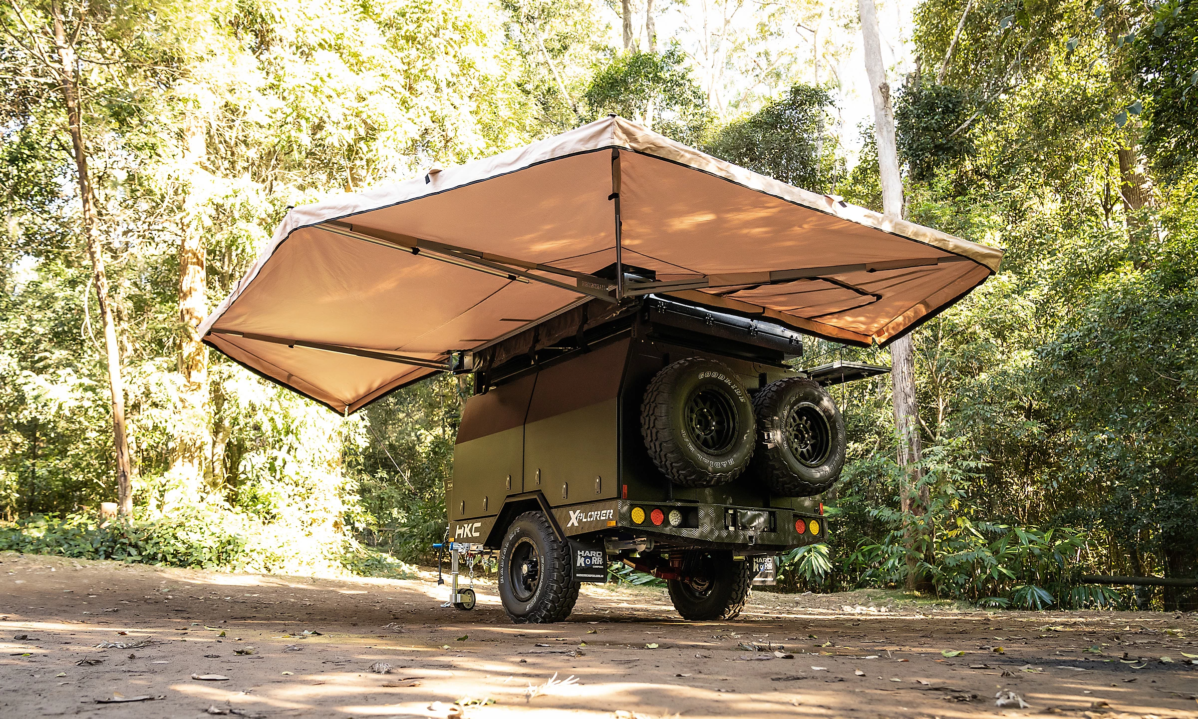 The available freestanding awning gives the Hardkorr Xplorer some serious shade