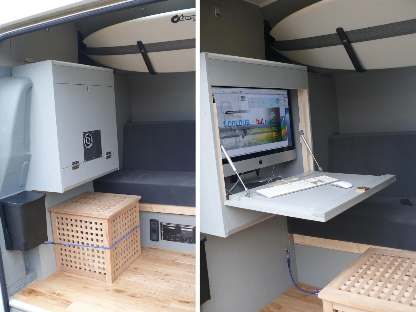 The highlight of Clarke's build is the streamlined office area, a computer cabinet that drops down to work as a desk