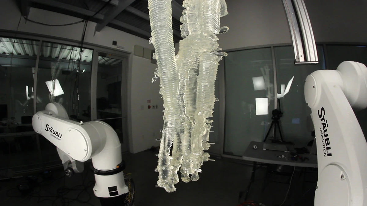 Experimental resin material being manipulated by robot arms in thesis project Phantom Geometry, by Liz and Kyle von Hassein, 2012 (Photo: SCI-Arc)