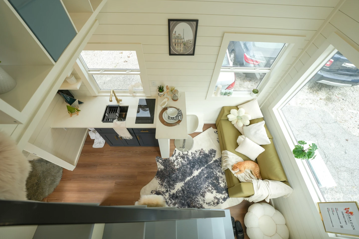 The Sora's interior is finished in shiplap and it features generous glazing