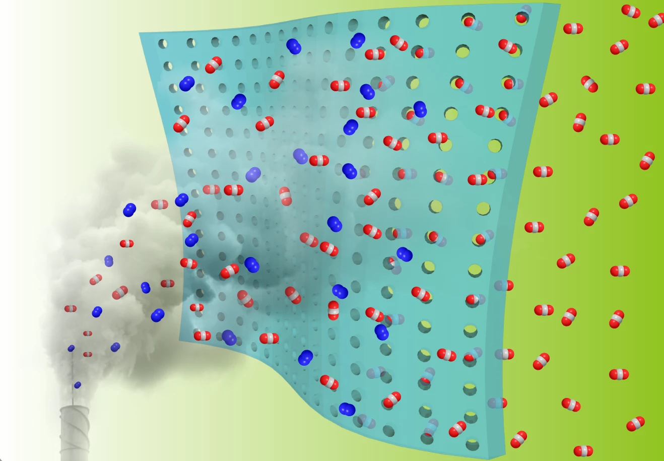 An artist's impression of a fluorine-based membrane that selectively filters out carbon dioxide