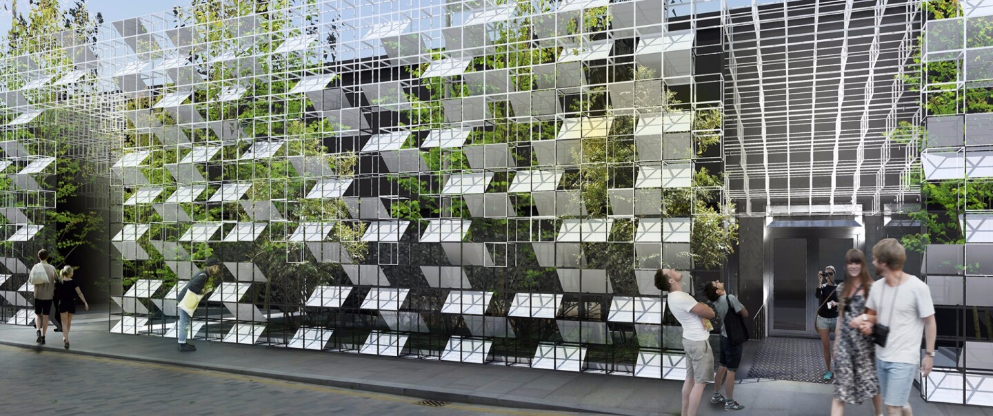 A number of panels will be set into the modules and oriented to reflect or show off the foliage beyond