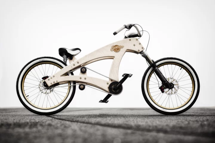 The Sawyer is a lowrider cruiser bicycle, with a frame built from beech plywood
