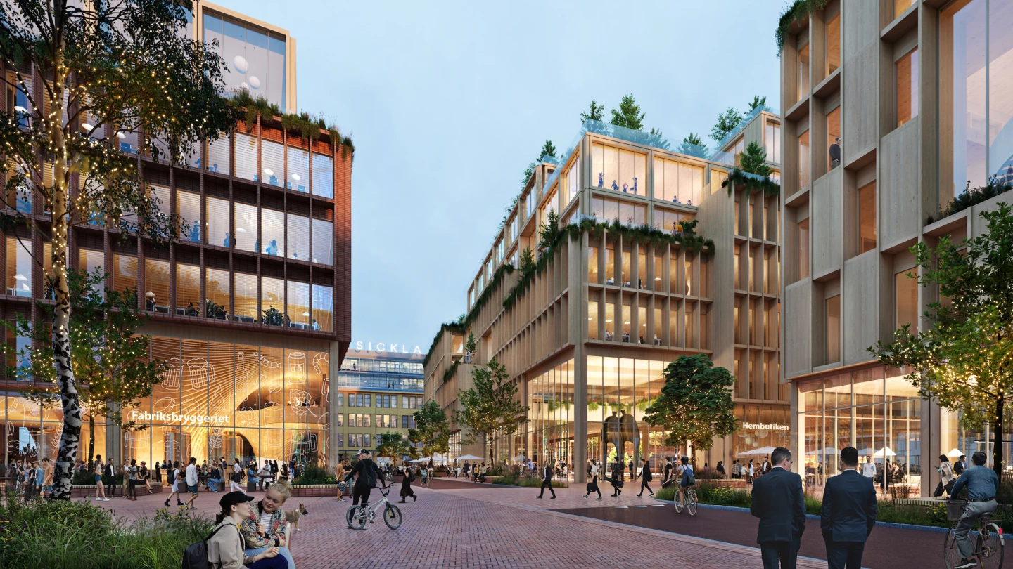 Stockholm Wood City will reduce its grid-based energy use with solar panels, which will be connected to batteries