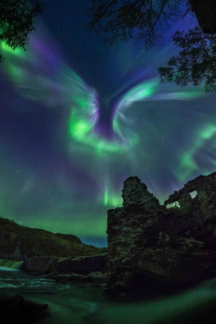 The majestic aurora, shaped like a bird, is spreading its wings over the destroyed military hydroelectric station located two hours away from Murmansk. The photographer has visited this location several times over the years trying to photograph the aurora flaring over the old station. In September 2018 the photographer returned and managed to capture this magnificent shot.Murmansk Region, Russia, 10 September 2018