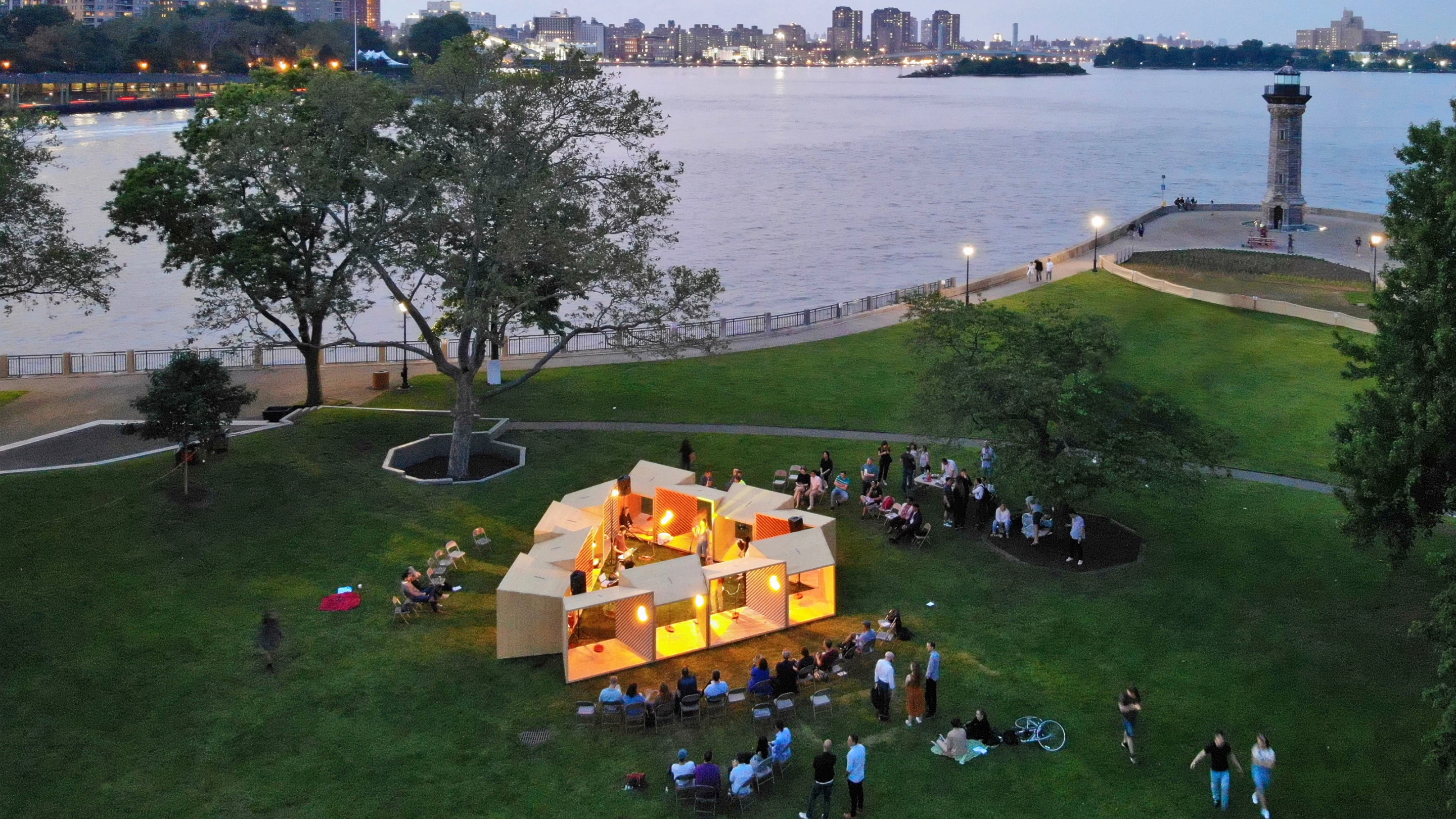 Salvage Swings was designed by Somewhere Studio and is located in Roosevelt Island, New York