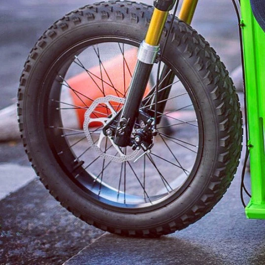 The Moox Bike has beefy 20 x 4-inch tires and heavy-duty mechanical disc brakes