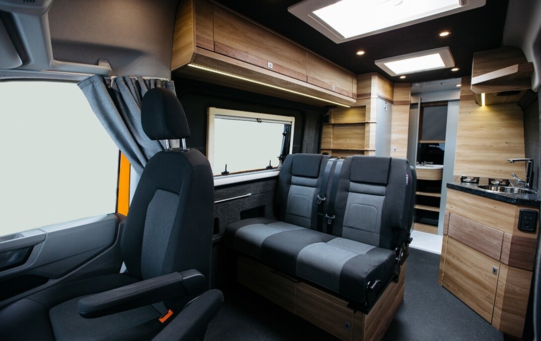 We prefer the rear beds of other Crafter camper vans over the convertible bench bed, which feels more appropriate for a secondary sleeping area, but Hillside's design does open up the room for a spacious rear bathroom