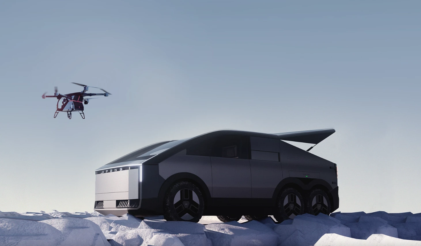 The AeroHT Land Aircraft Carrier concept lowers its rear suspension to let the passenger eVTOL off