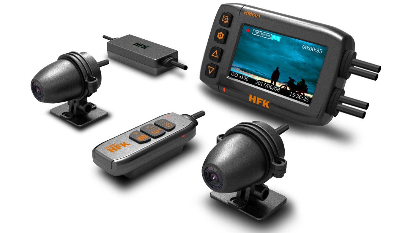 The HFK Motorcycle Digital Video Recorder offers 60 fps, 1080P video recording front and rear, three-axis collision sensor and GPS data logging