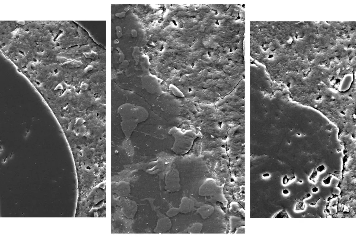 Microscope images showing concrete made with treated slag (center), conventional aggregates (left) and raw slag (right) – the treated slag forms a more seamless bond with the surrounding cement