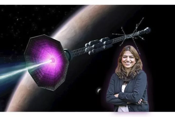 Fatima Ebrahimi and an artist's concept of the magnetic reconnection plasma thruster in operation