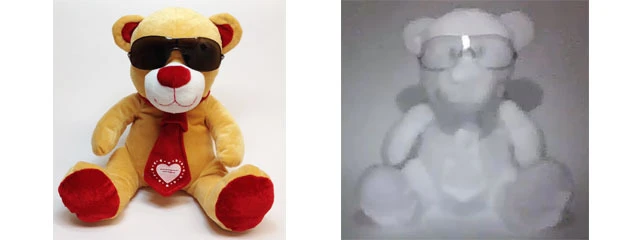 A teddy bear shot with and without Snooperscope