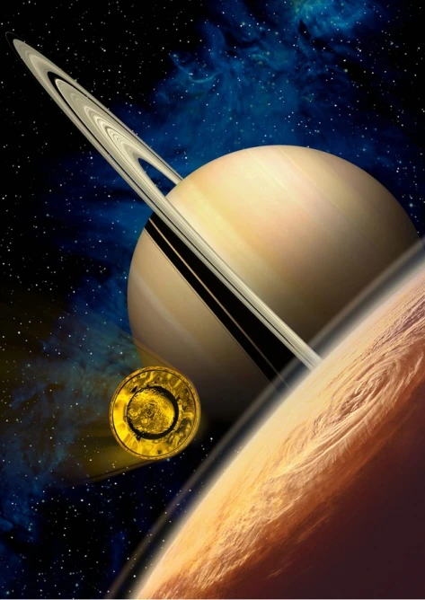 The Huygens Probe will enter the upper layers of Titan's atmosphere at 22000 km/h, slowing to about 1400 km/h in less than 2 minutes. Artists view courtesy of ESA-D. DUCROS