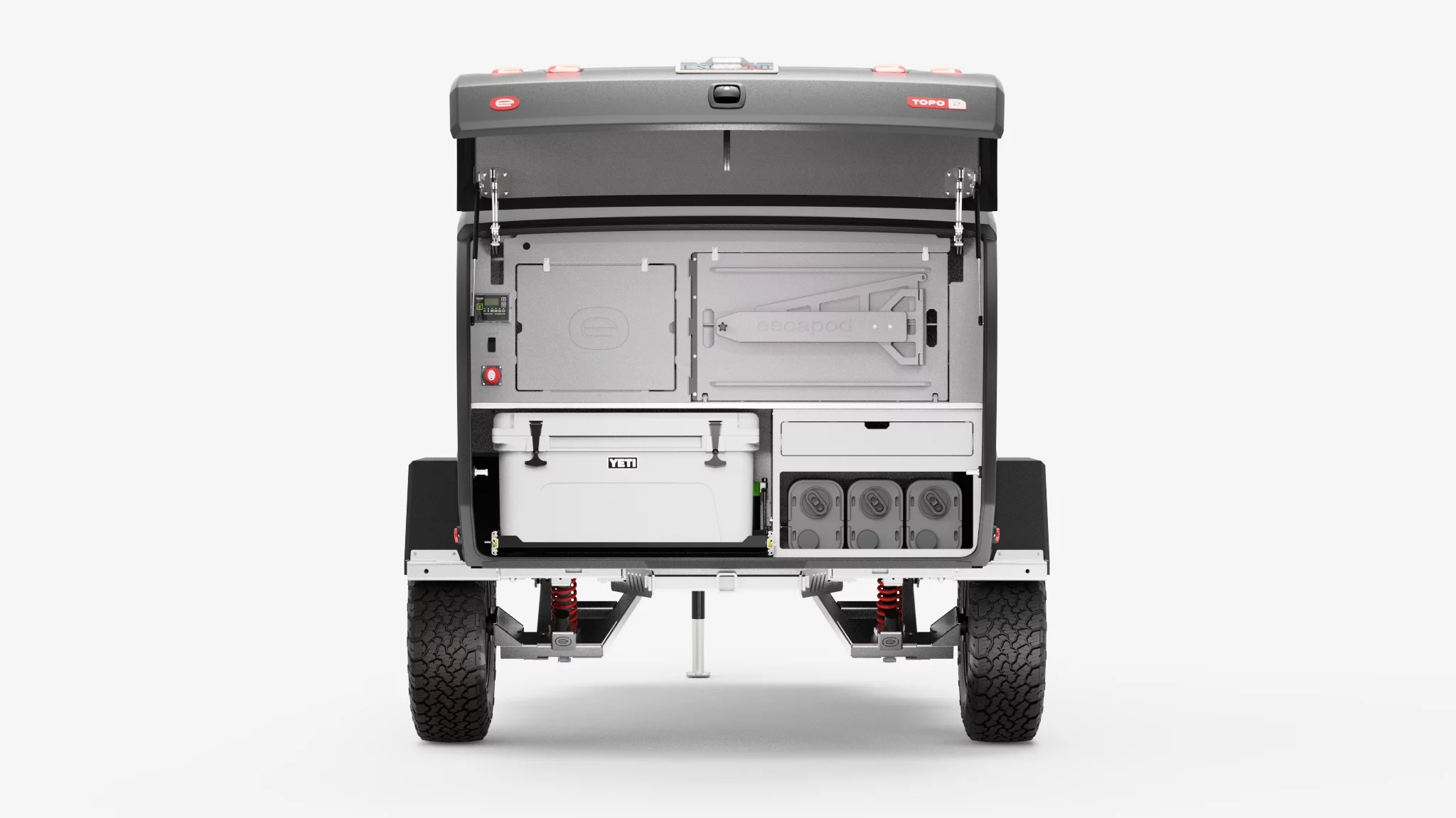 The Escapod Nomad features a simpler build without any of the inset appliances or hard plumbing of the Voyager model we tested. It can be optionally upgraded with add-ons like the Yeti cooler and Dometic water jugs pictured