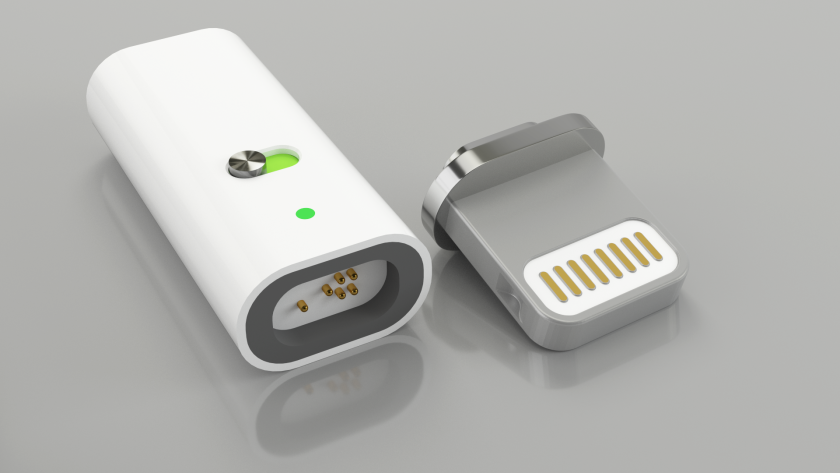 The MuConnect's pin section fits into a device's charging port and its connector slots onto the charger itself