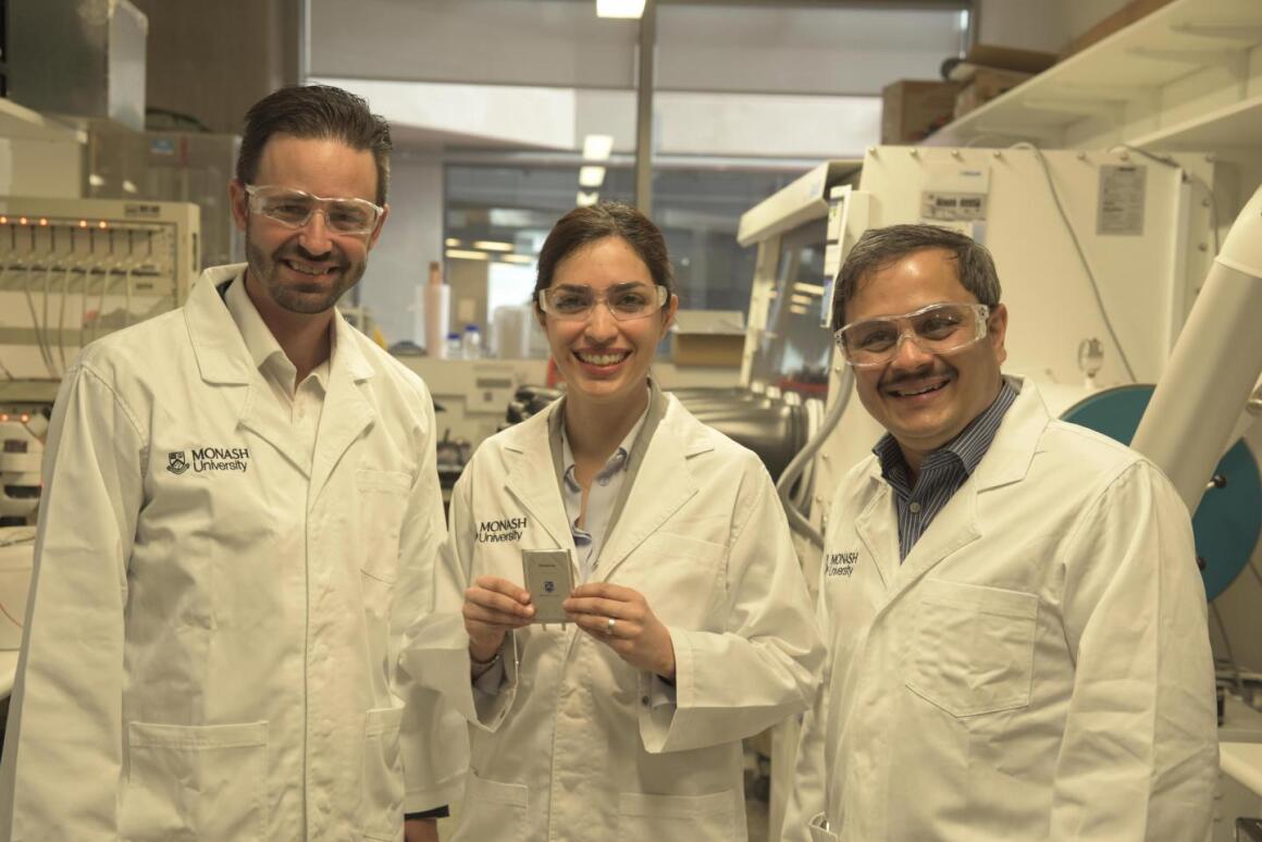 Dr Mahdokht Shaibani (center) led the development of a new lithium-sulfur battery that could power an electric car over 1,000 km without recharging