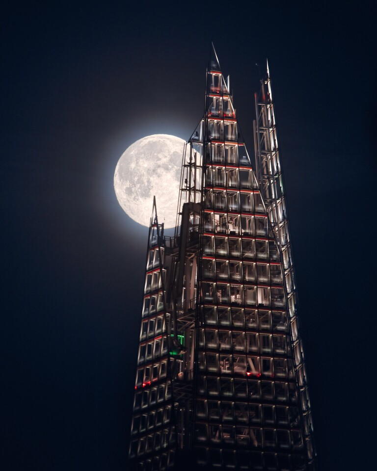 Our Moon. 'The Moon And the Shard'. After three failed attempts, the photographer finally got to shoot an image of London's iconic Shard skyscraper with a full moon behind it
