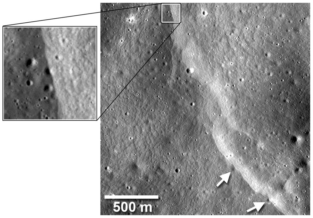 Another fault cut across and deformed several small diameter (~40-m diameter) impact craters (arrows) on the flanks of Mandel'shtam crater (Image: NASA/Goddard/Arizona State University/Smithsonian)