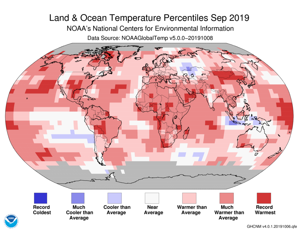 A chart showing the differences in global land and ocean surface temperatures for September 2019