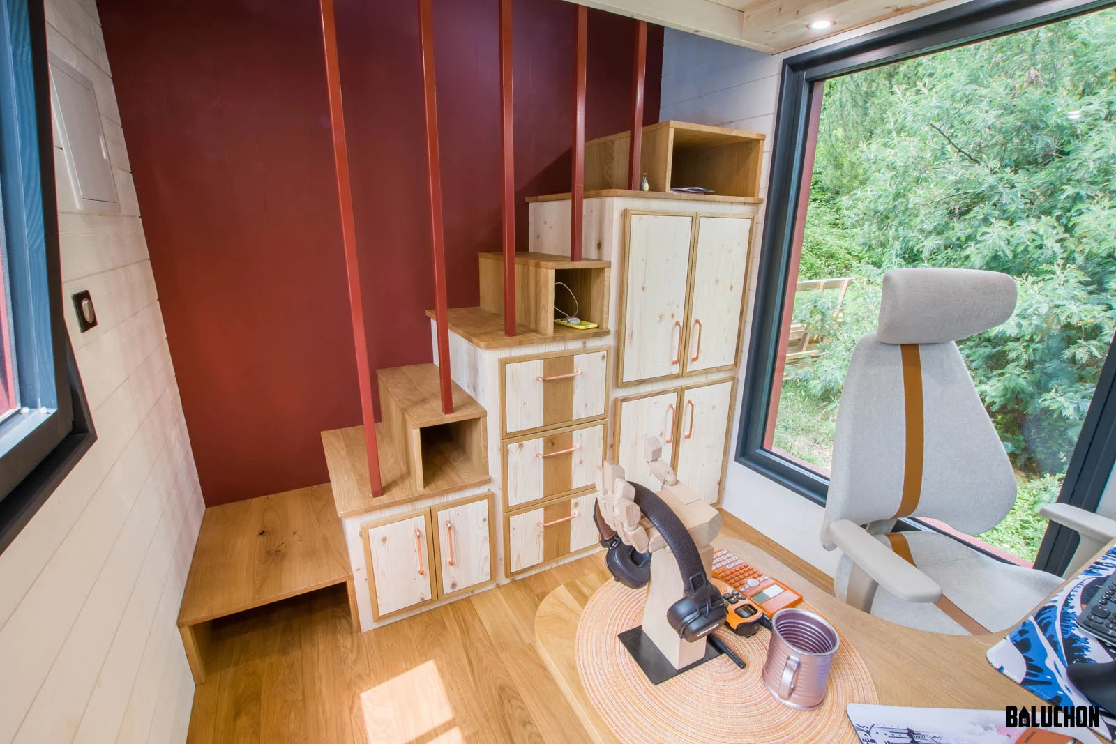 The Browny's bedroom is accessed by storage-integrated staircase