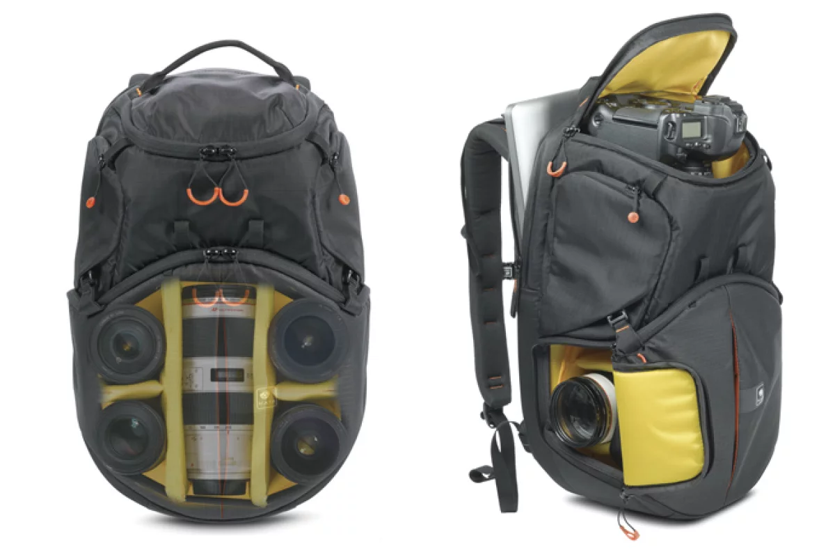 The Kata Revolver-8 backpack stores a DSLR camera and up to five lenses in a rotating internal chamber for quick and easy access