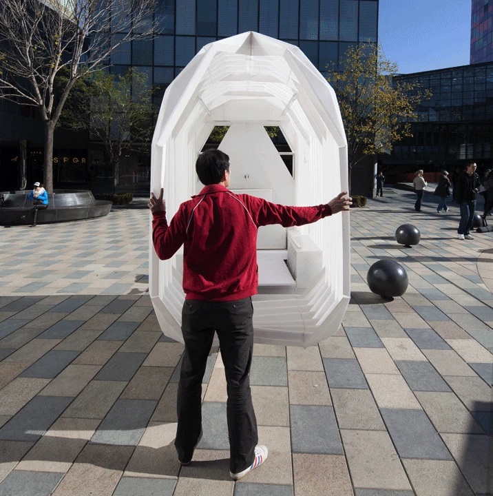 The polypropylene is cut with a CNC router, before being folded and welded into shape, allowing the Tricycle House to open like an accordion