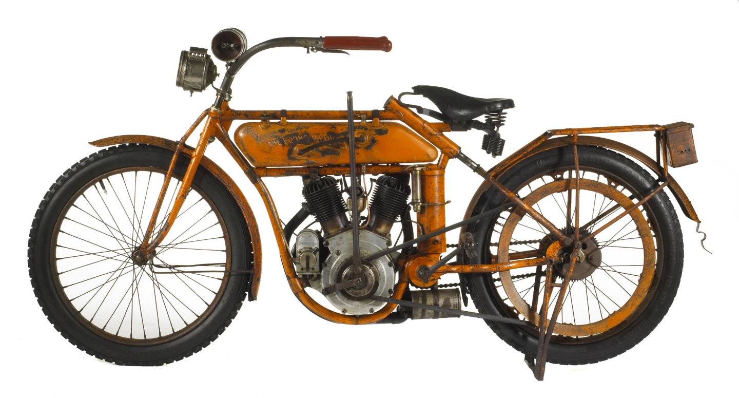 One of the rare icons of early American motorcycling history, this authentic, original and unrestored 1913 Flying Merkel is a pedal-start-only Model Seventy road bike with a 7hp, belt-drive V-Twin displacing 61 cubic inches (1000cc). This motorcycle had been on static display in an important Long Island collection since March, 2003 when it sold at Bonhams' 2011 Las Vegas auction for $117,000.