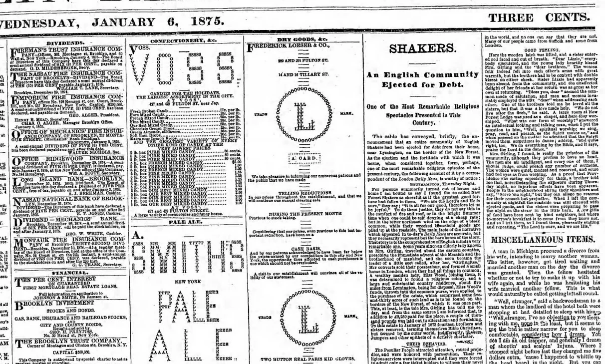 An early example of typeface being used to create graphical elements – this is a real page from an 1875 newspaper