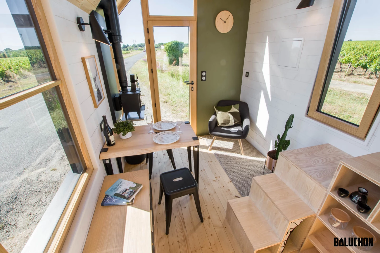 The Tiny House Sauvage's interior is finished in white spruce