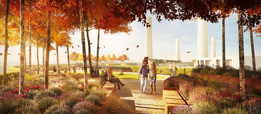 A depiction of Battersea Roof Gardens in autumn