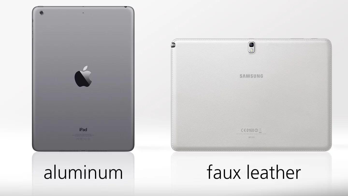 The iPad has the more solid and premium build, but we don't mind the faux leather notebook feel of the Note 10.1