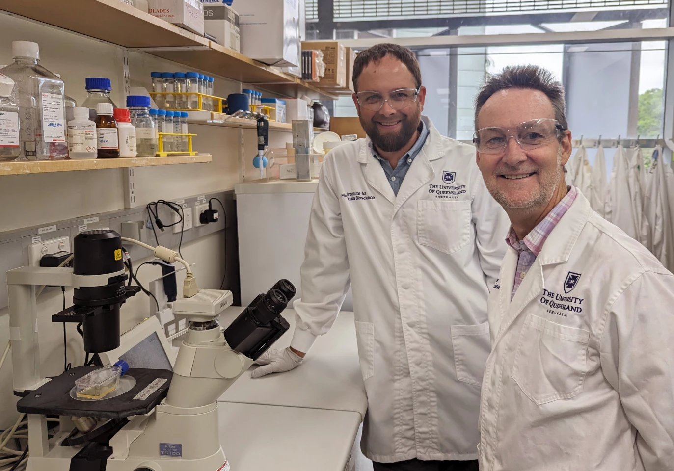 Nathan Palpant and Glenn King with heart cells under a microscope