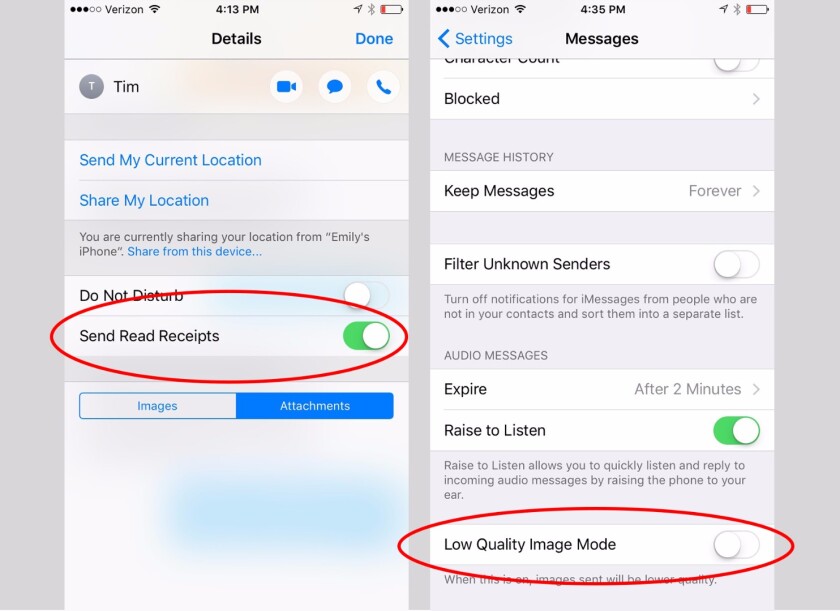 (L) iOS 10 makes it possible to turn on Read receipts on a per-contact basis (R) Messages has a new low-quality image mode for sending pics without decimating your data plan