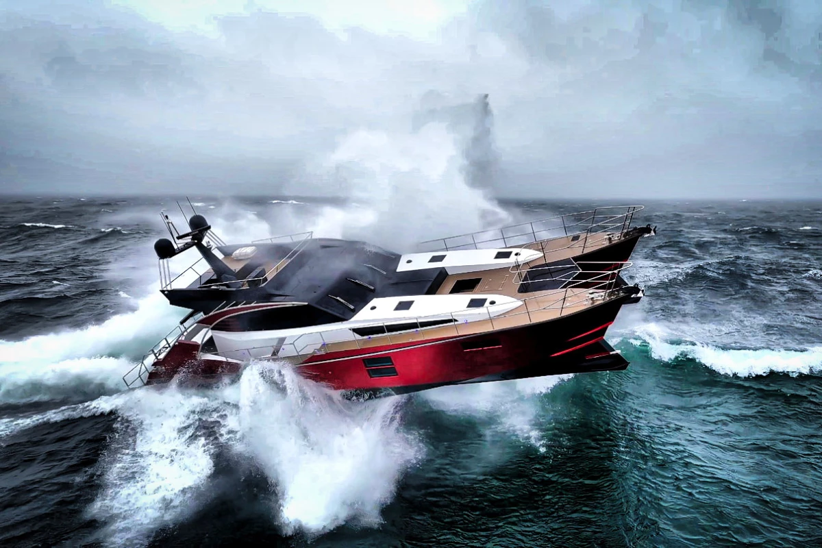 The 66-ft, 40,000-kg T-2000 catamaran crashes through rough sea testing in style
