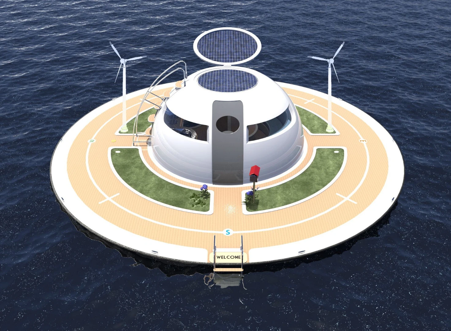 The UFO receives its energy through solar panels in the hinged roof, with wind and water turbines optional extras