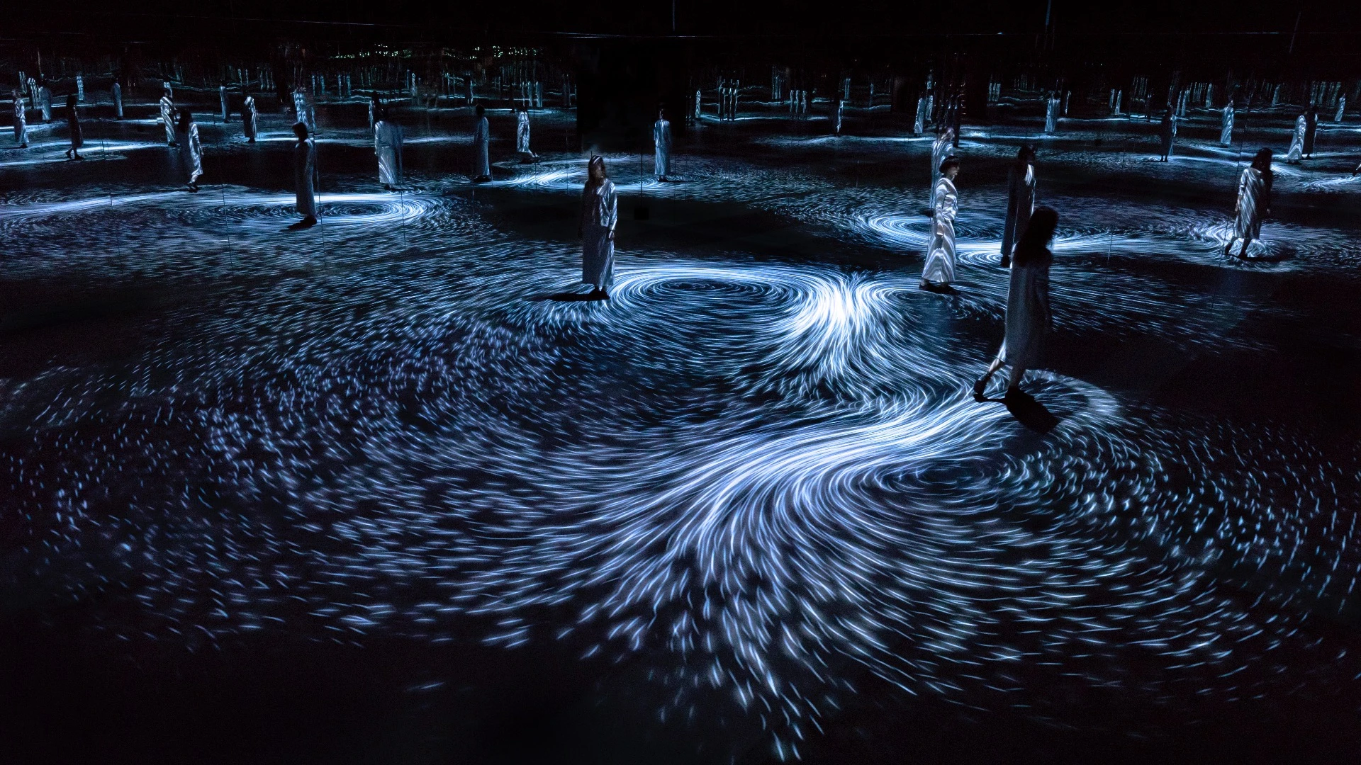 teamLab Japan est. 2001 Moving Creates Vortices and Vortices Create Movement 2017 interactive digital projection, (duration variable) National Gallery of Victoria, Melbourne © teamLab, courtesy Ikkan Art Gallery, Martin Browne Contemporary and Pace Gallery