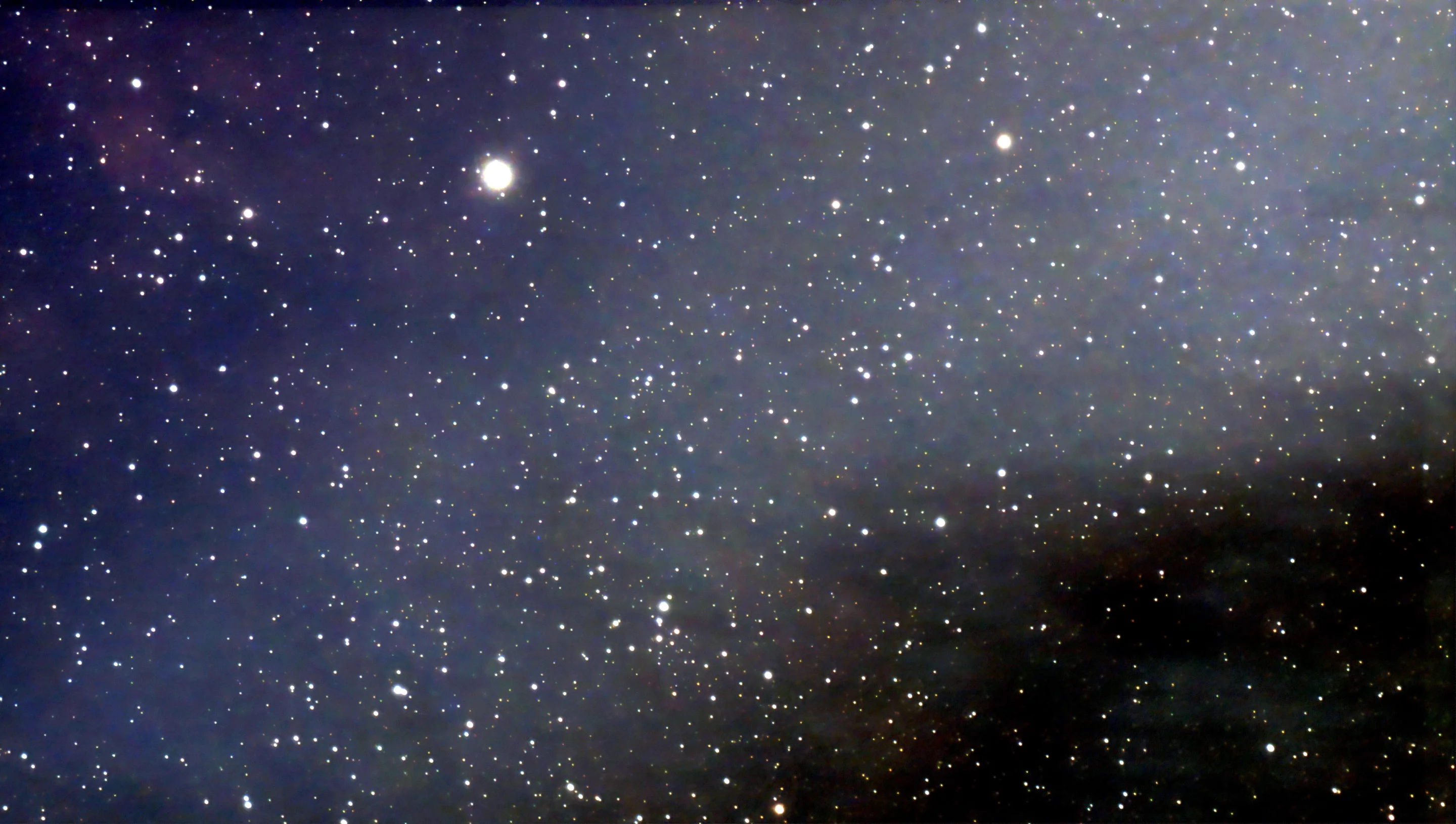 Stacked image of the Western Veil of Cygnus - shutter at 60, gain at 60, stack count 40 (image tweaked using GIMP)