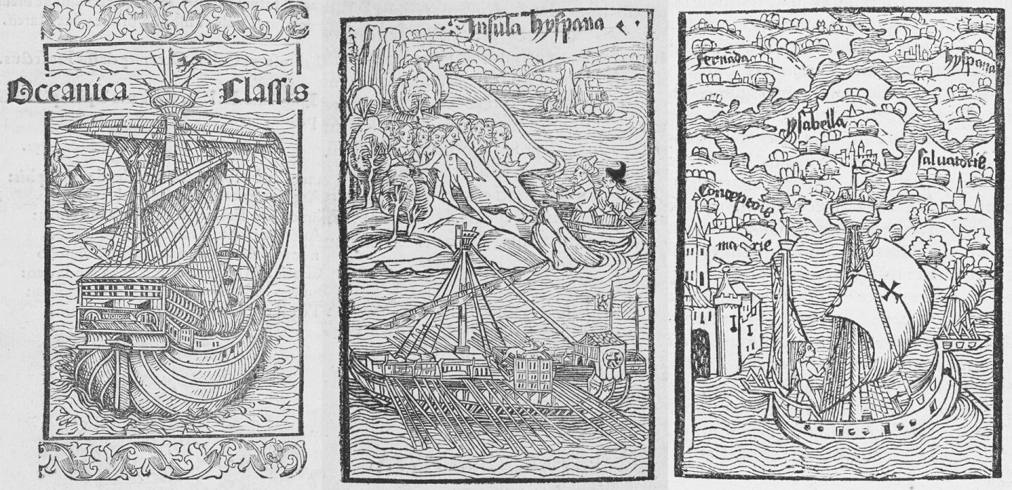 Three illustrations from the "Columbus letter" (De Insulis nuper in mari Indico repertis), published in Basel in 1494 and sold for $751,500 by Bonhams on September 26, 2017. From left to right: Columbus's galleon, "Oceanica Classis," in full sail, Columbus landing in a small boat, from a galleon in the foreground, on the island of "Insula Hyspana" and the first map depicting a part of America with Columbus's ships among the West Indian islands of Fernanda, Hyspana, Ysabella, Saluatorie, and Conceptionis Maria.