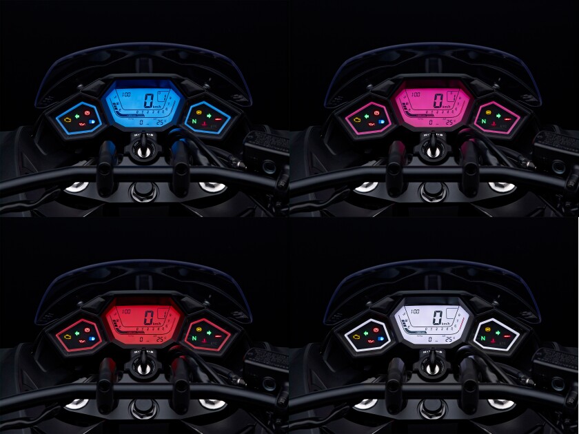 The digital dash of the NM4 changes colour depending on the drive mode selected, with subtle colour changes from Neutral (white) through D (blue) to S (pink), ultimately to MT (red). The rider can choose one colour from five other tonal ranges of each colour - 25 individual colours altogether.