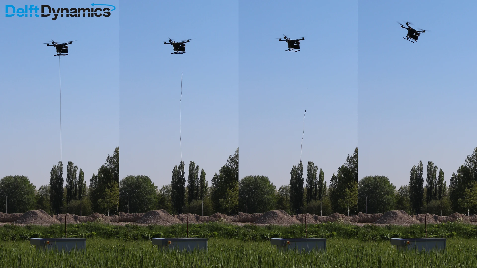 When an approaching intruding drone is detected, the DroneCatcher's power tether can be detached by remote control