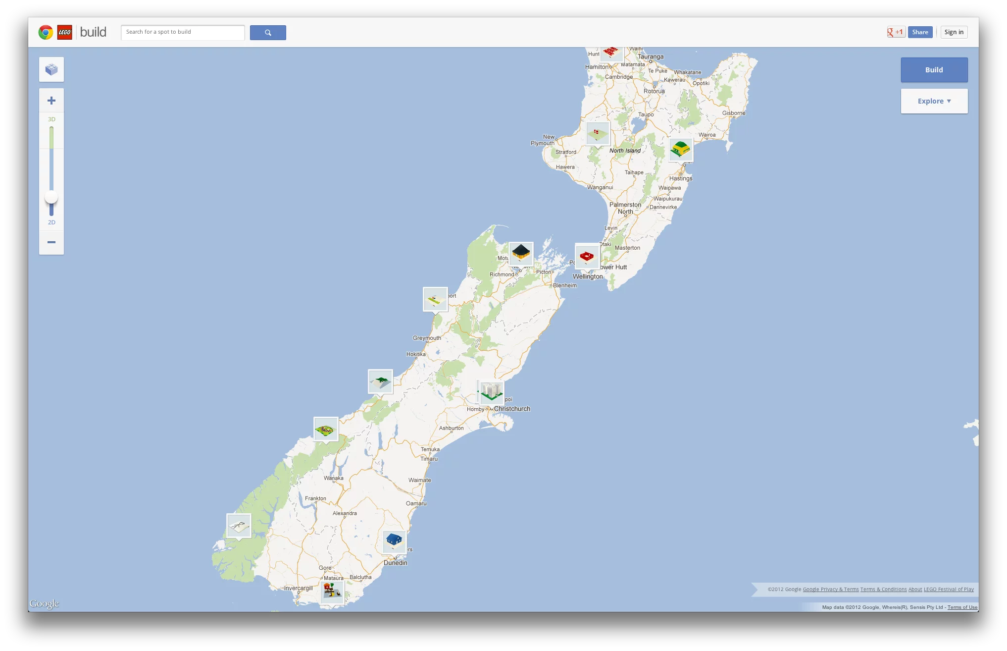 Initially presenting the user with a familiar Google Map-style interface focused on a LEGO-fied depiction of Australia and New Zealand, users are invited to zoom in to view completed models and select a plot for their own creation