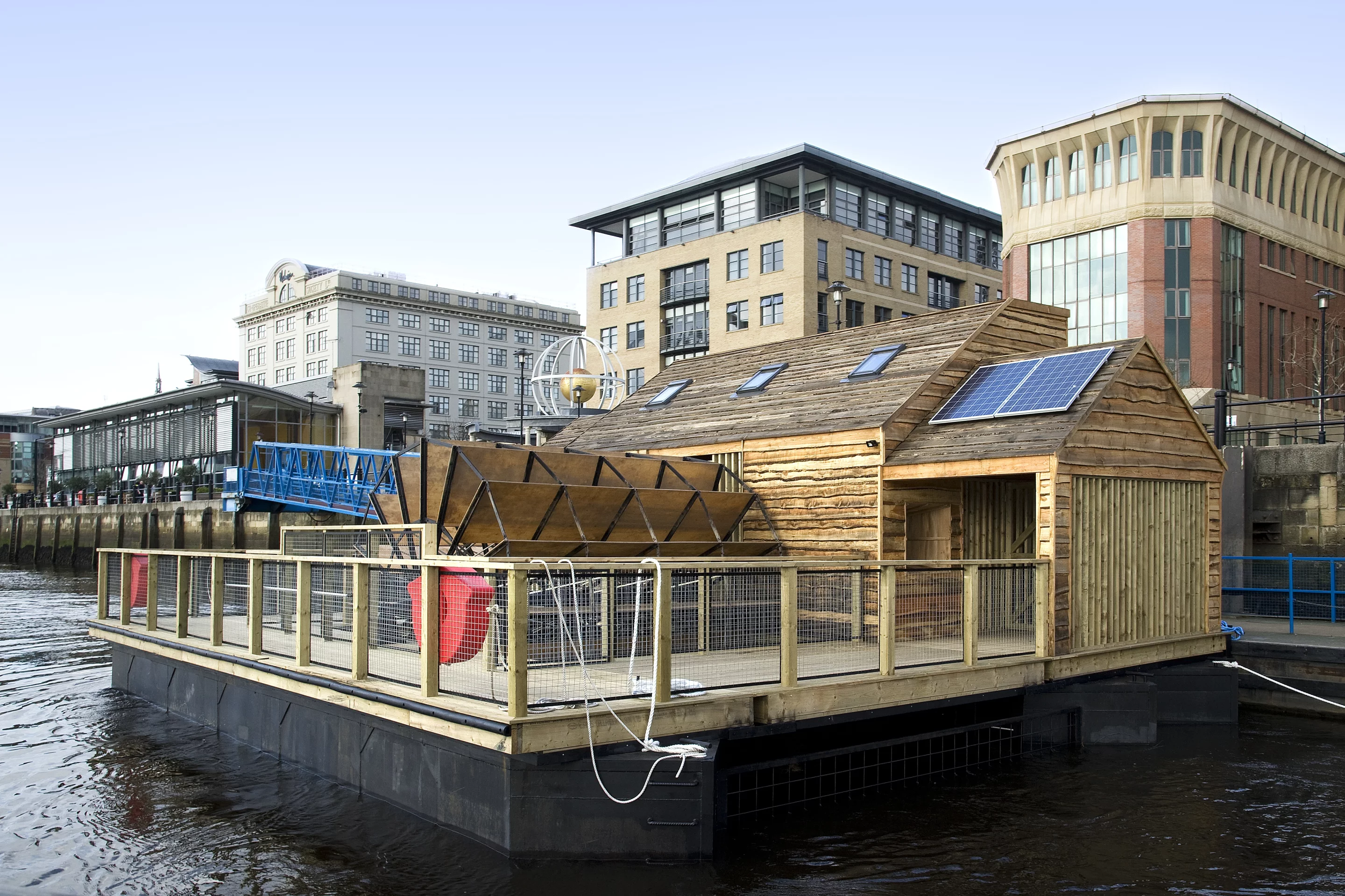 A floating watermill on England's Tyne incorporates electroacoustic instruments powered and influenced by the changing properties of the river