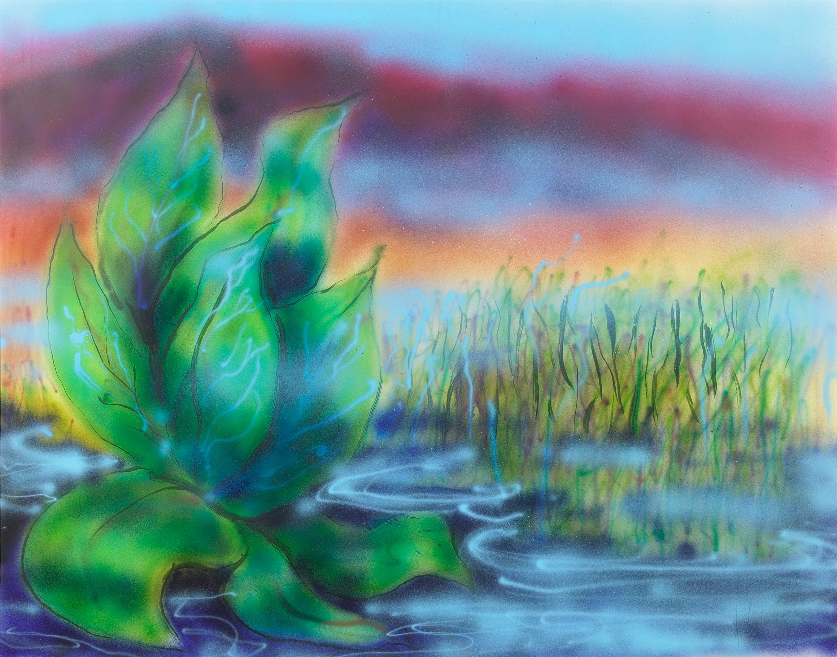 A Jerry Garcia original artwork, airbrush on canvas, titled Wetlands II and signed by the great man in the lower right corner