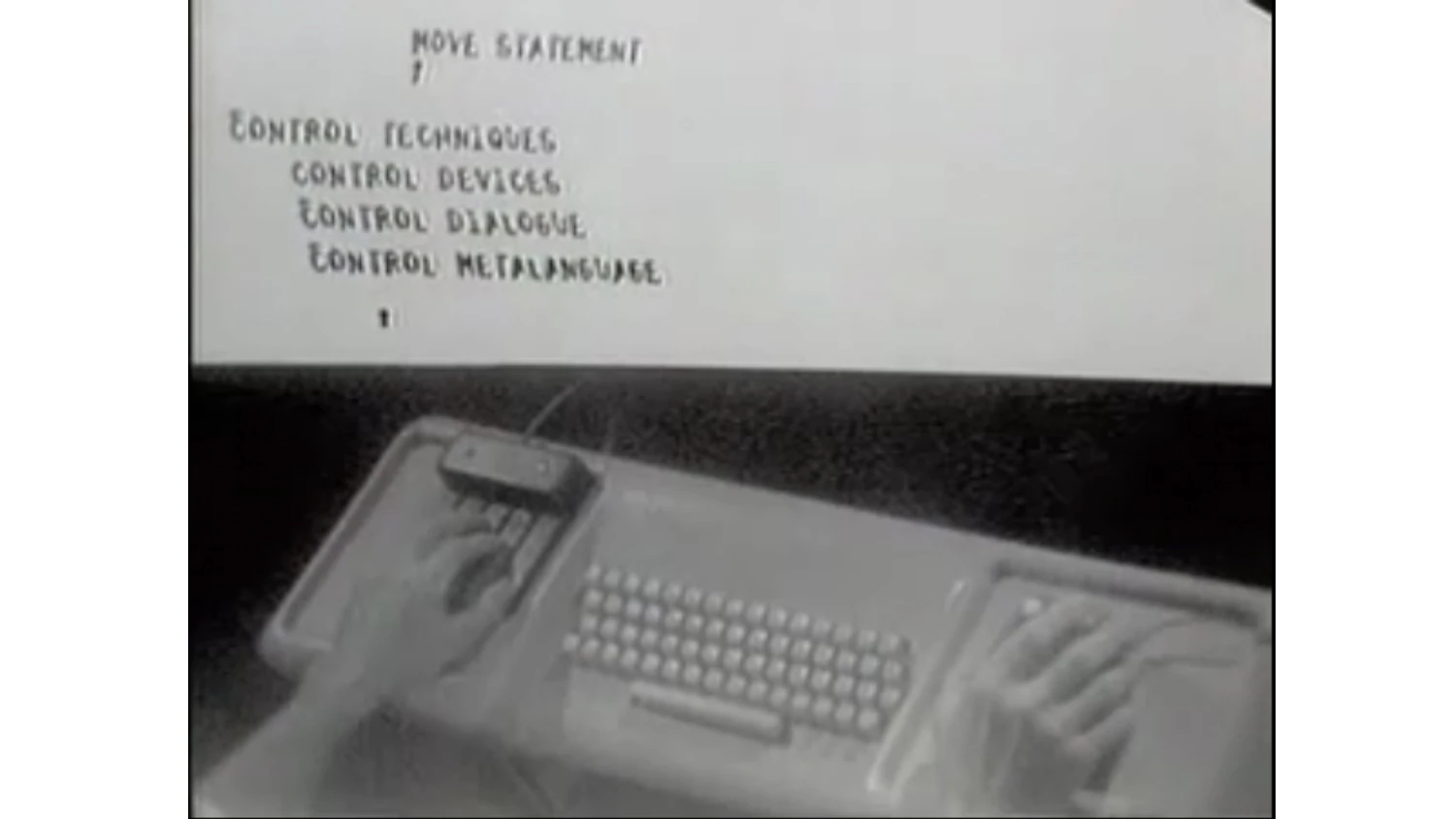 The NLS keyboard console shown in split-screen with the video display (Image: SRI International)