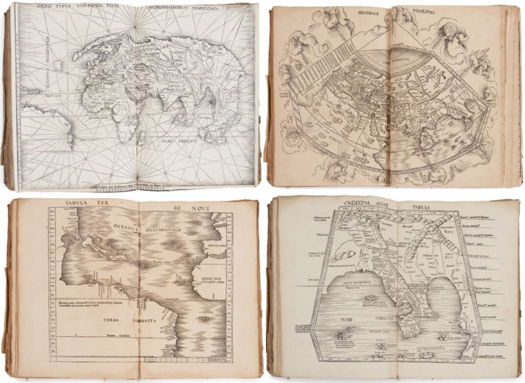 Two atlases bound together as one, published on vellum in 1513 by Johann Schott in Strasbourg. The first of the bound atlases is an edition of Ptolemy's atlas from antiquity containing 27 maps, the other being 20 modern maps of the period from cartographer Martin Waldseemüller. This atlas was described by medieval authority Michel Pastoureau as "an event in the history of cartography." It was sold for $189,000 (€ 169,756) by Artcurial on May 31, 2016