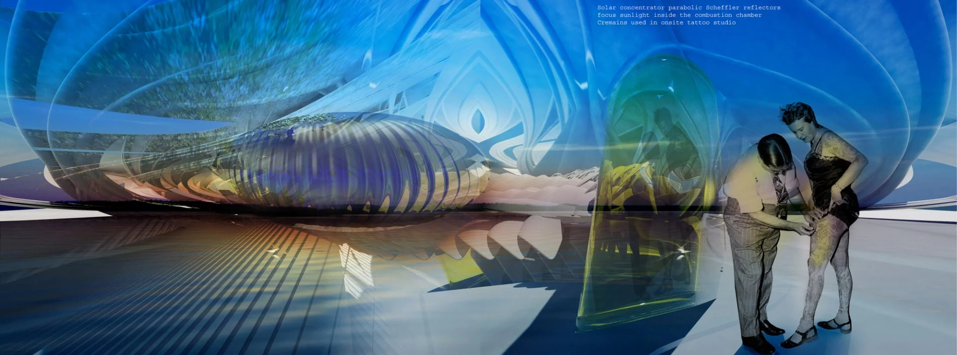 The crematorium design includes a tattoo studio where loved ones are tattooed with ink made from the cremation remains of the departed